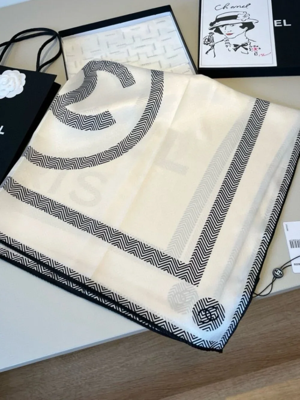 CHANEL Ivory Chevron CC Silk Scarf